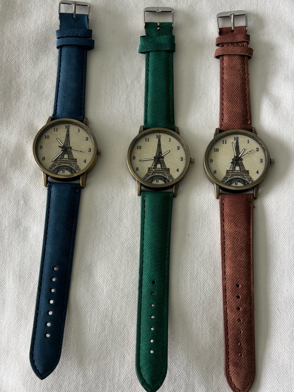 New 3 Eiffel Tower Face Fabric Covered Leather Strap Watches Blue, Green, Brown